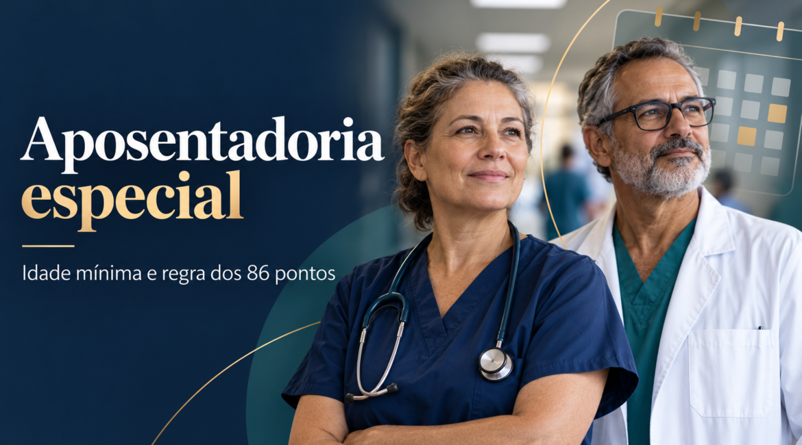 Profissionais da saúde em capa sobre aposentadoria especial, idade mínima e regra dos 86 pontos.